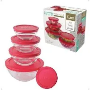 CONJUNTO POTE DE VIDRO EURO REDONDO C/ TAMPA VERMELHO C/5UN